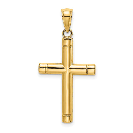 10k Yellow Gold Cross Pendant, Bamboo Tubular Design, Mirror Finish, Unisex Religious Style