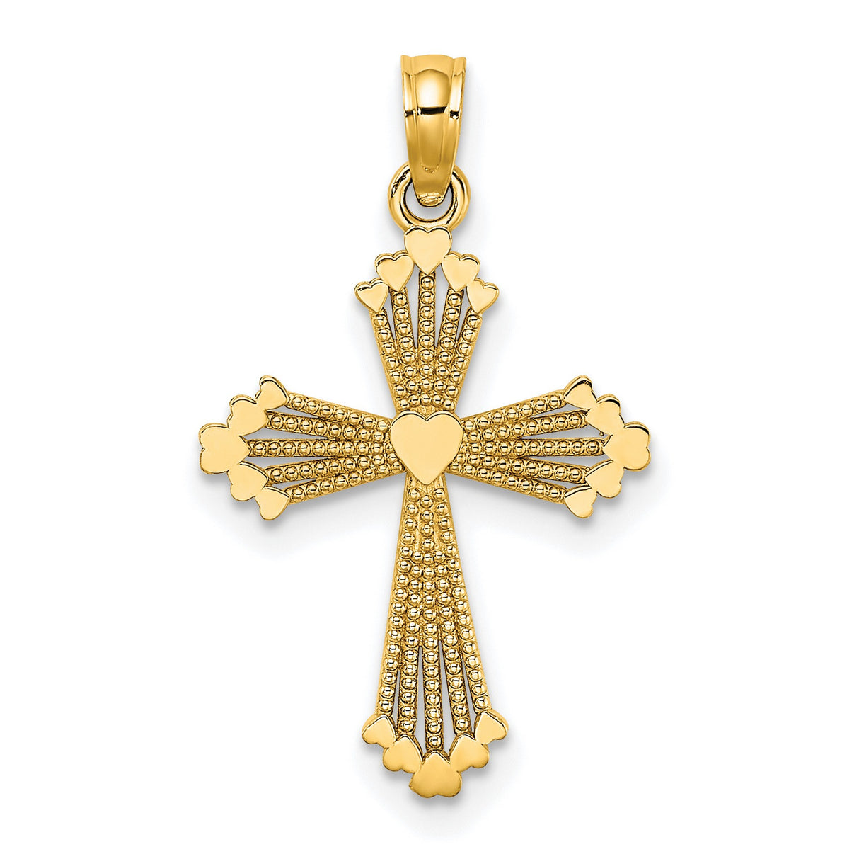 10k Yellow Gold Cross Pendant with Textured Striped Heart, Religious Spiritual Charm