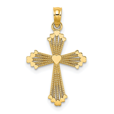 10k Yellow Gold Cross Pendant with Textured Striped Heart, Religious Spiritual Charm