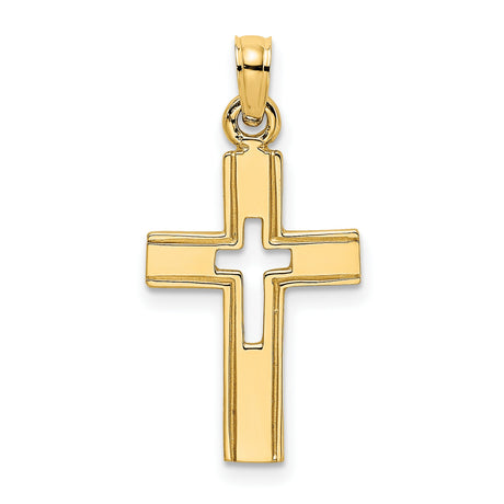 10k Yellow Gold Cross Pendant, Polished Flat Design with Smooth Edges, Minimalist Religious Charm