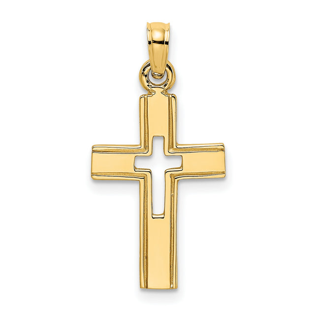 10k Yellow Gold Cross Pendant, Polished Flat Design with Smooth Edges, Minimalist Religious Charm