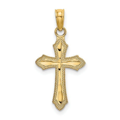10k Yellow Gold Cross Pendant with Diamond Cut Beaded Edge, Polished Religious Charm