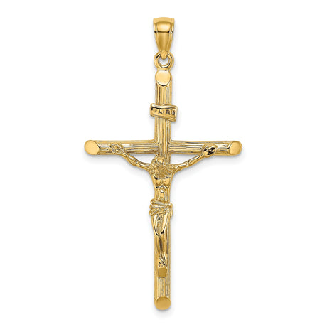 10k Yellow Gold Crucifix Pendant with Polished Christ Figure and Textured Cross Design