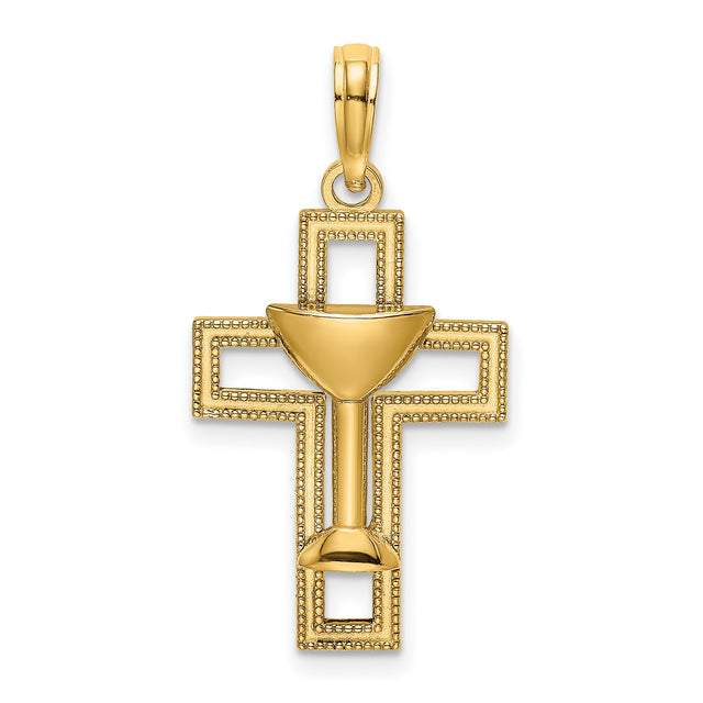 10k Yellow Gold Cross Pendant with Chalice, Beaded Edge, Religious Christian Design