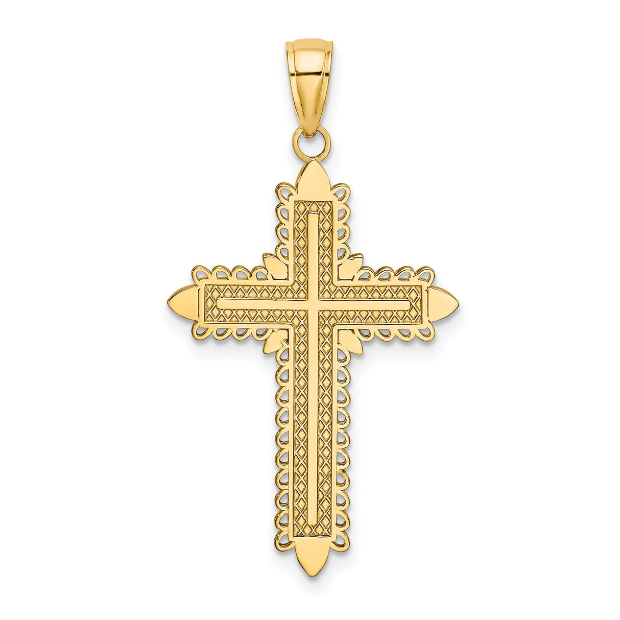 10k Yellow Gold Cross Pendant with Lace Border and Textured Gothic Design
