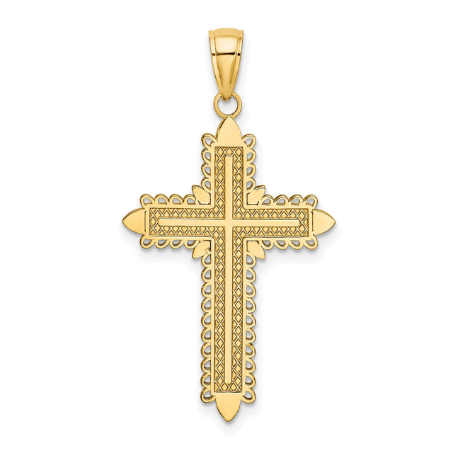 10k Yellow Gold Cross Pendant with Lace Border and Textured Gothic Design