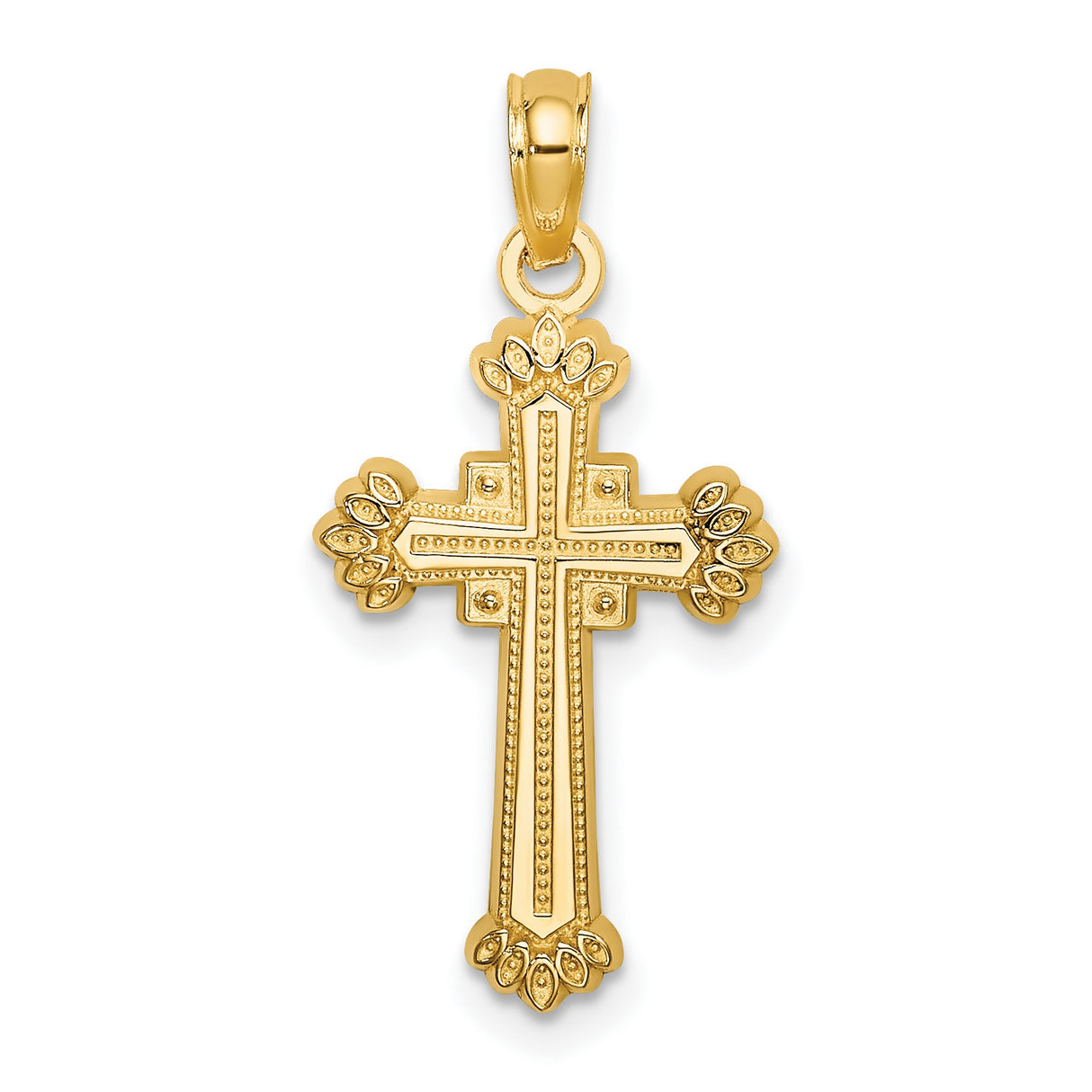 10k Yellow Gold Cross Pendant with Textured Leaves, Beaded Edge, and Floral Motif