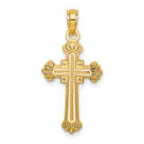 10k Yellow Gold Cross Pendant with Textured Leaves, Beaded Edge, and Floral Motif