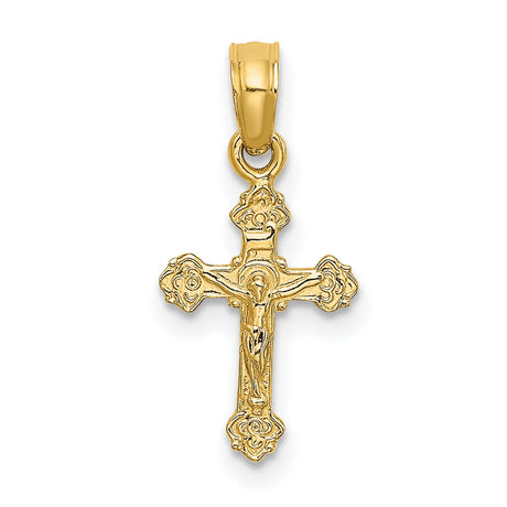 10k Yellow Gold Crucifix Pendant with Detailed Jesus and Scrollwork Design