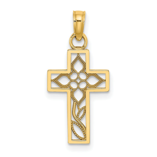 Flower In Cross Charm Pendant in Real 10k Yellow Gold