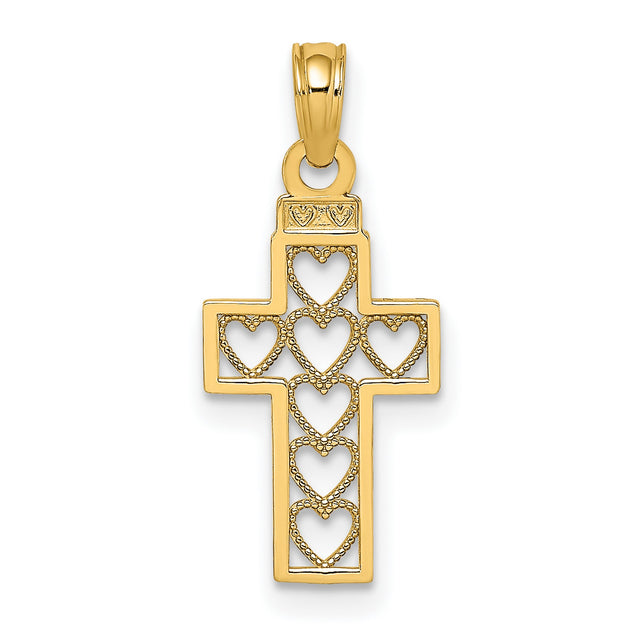 10k Yellow Gold Cross Pendant with Openwork Hearts and Milgrain Detail