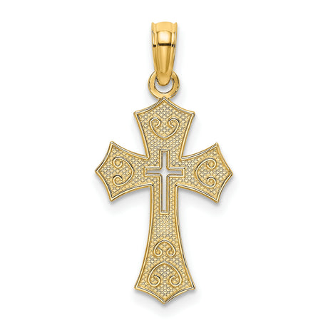 10k Yellow Gold Cross Pendant with Textured Filigree, Cutout Center, and Scrollwork Accents