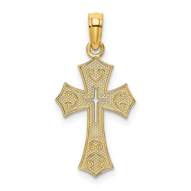 10k Yellow Gold Cross Pendant with Textured Filigree, Cutout Center, and Scrollwork Accents