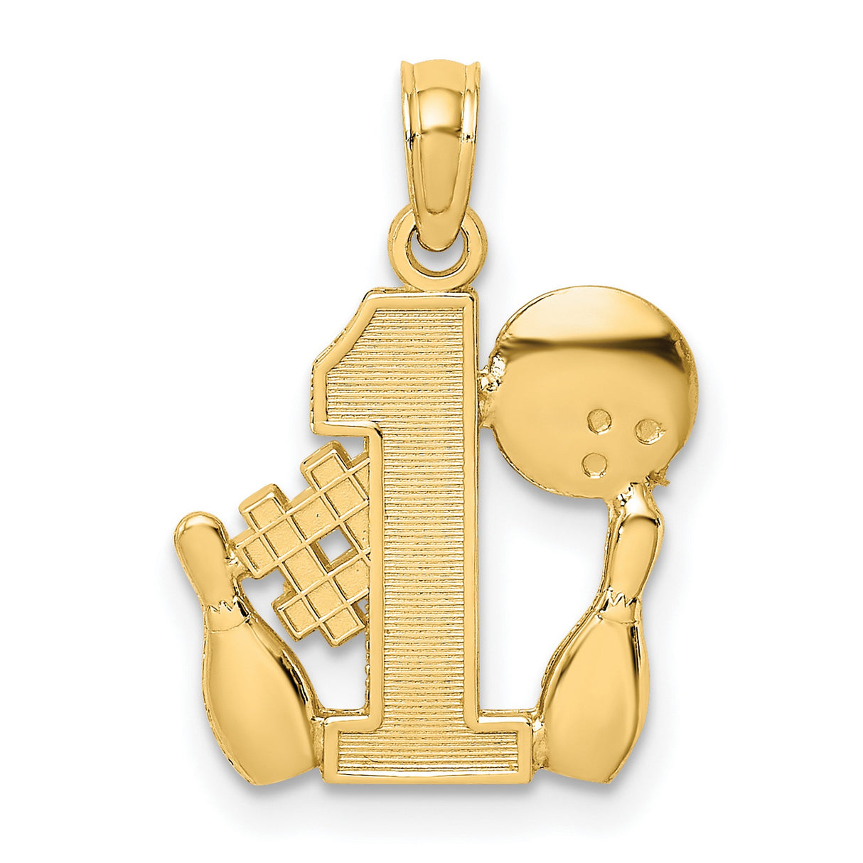 10k Yellow Gold Bowling Pendant with Ball, Pins, and Strike Symbol Design