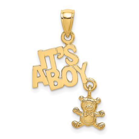 10k Yellow Gold Its a Boy Pendant with Movable Teddy Bear Charm, Baby Boy