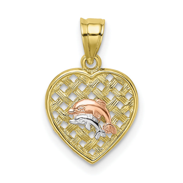 10k Multi-Tone Gold Dolphin Heart Pendant, Rose and White Dolphins on Yellow Background