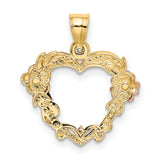 Flower In Heart Charm Pendant in Real 10k Multi-Tone Gold