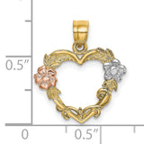 Flower In Heart Charm Pendant in Real 10k Multi-Tone Gold