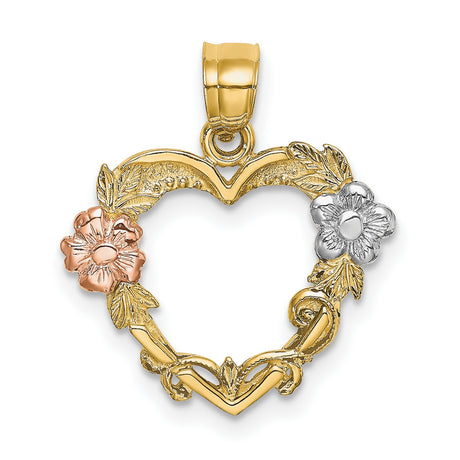 Flower In Heart Charm Pendant in Real 10k Multi-Tone Gold