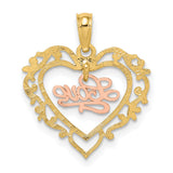 10k Two-Tone Gold Heart Pendant with Rose Gold Love Script and Filigree Design
