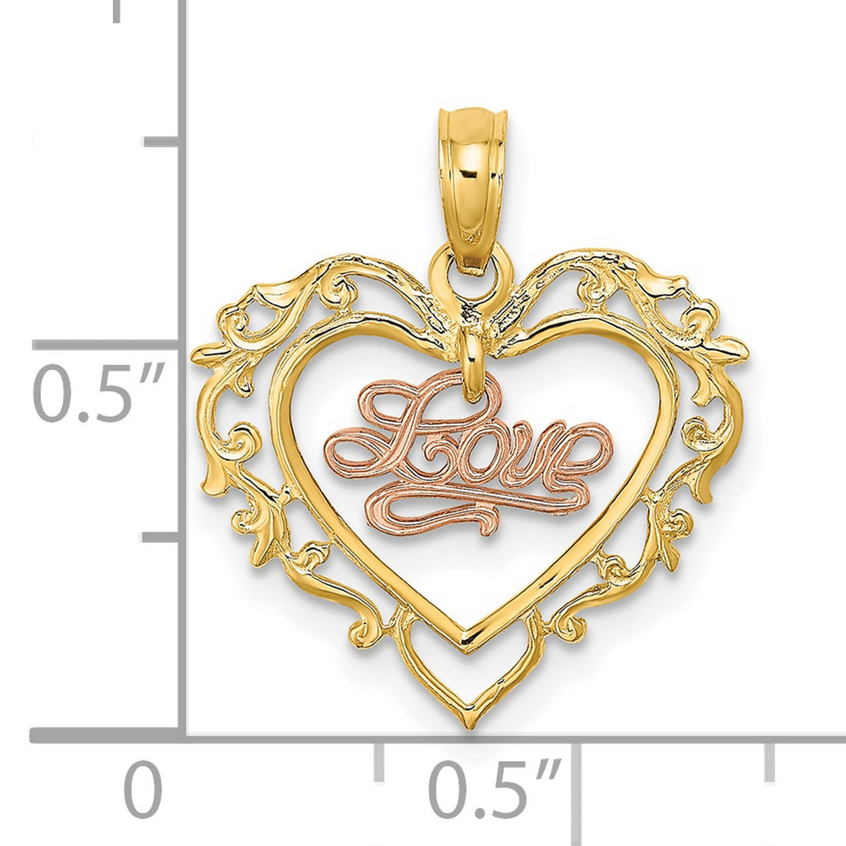 10k Two-Tone Gold Heart Pendant with Rose Gold Love Script and Filigree Design