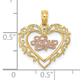 10k Two-Tone Gold Heart Pendant with Rose Gold Love Script and Filigree Design