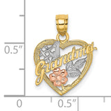 #1 Grandma Words With Rose And Leaf On Heart Shaped Charm Pendant in Real 10k Multi-Tone Gold