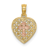 10k Two-Tone Gold Heart Pendant with Rose Gold Cross and Lattice Design