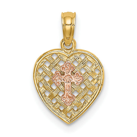 10k Two-Tone Gold Heart Pendant with Rose Gold Cross and Lattice Design