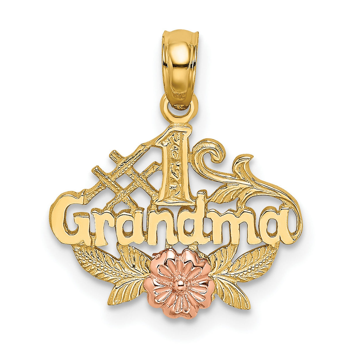 10k Two-Tone Gold Grandma Pendant with Rose Leaf Design and Floral Accents