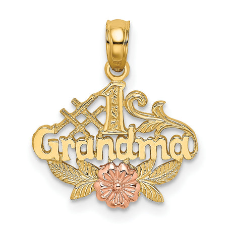 #1 Grandma Words With Rose And Leaves Charm Pendant in Real 10k Multi-Tone Gold