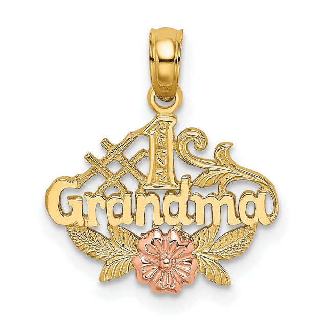 10k Two-Tone Gold Grandma Pendant with Rose Leaf Design and Floral Accents