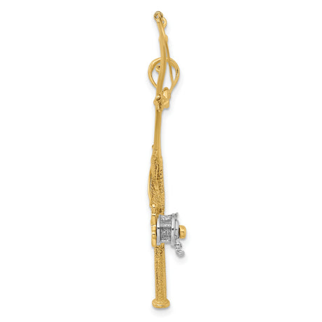 10k Multi-Tone Gold Fishing Pole Pendant with Moveable Reel, Outdoor Theme for Men or Unisex Wear