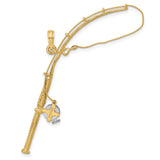 10k Multi-Tone Gold Fishing Pole Pendant with Moveable Reel, Outdoor Theme for Men or Unisex Wear