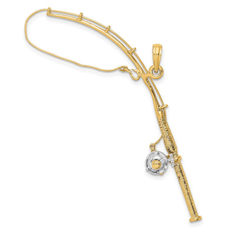 10k Multi-Tone Gold Fishing Pole Pendant with Moveable Reel, Outdoor Theme for Men or Unisex Wear