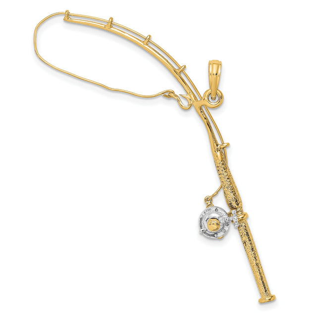 10k Multi-Tone Gold Fishing Pole Pendant with Moveable Reel, Outdoor Theme for Men or Unisex Wear