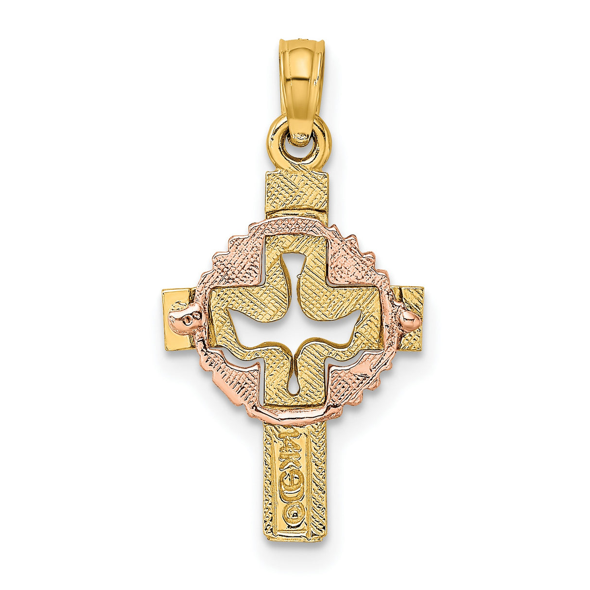 10k Multi-Tone Gold Cross Pendant with Dove, Satin Finish, Textured Faith Charm
