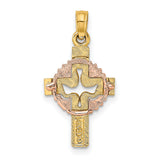 10k Multi-Tone Gold Cross Pendant with Dove, Satin Finish, Textured Faith Charm