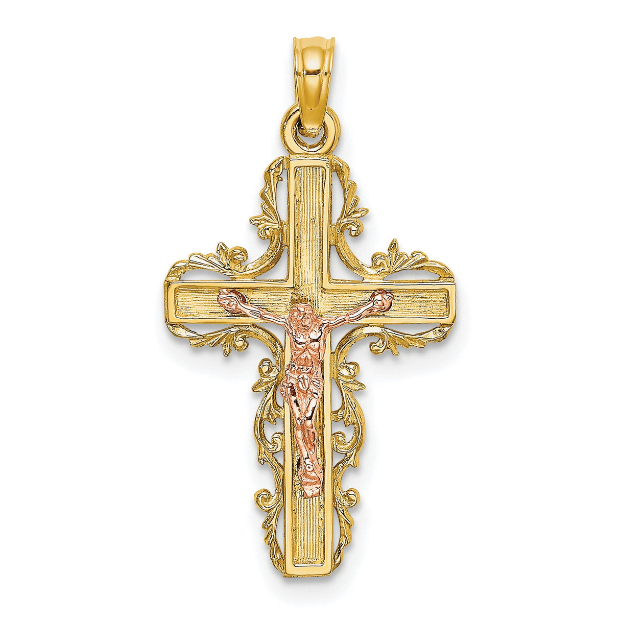 Lace Trim Crucifix Charm Pendant in Real 10k Multi-Tone Gold