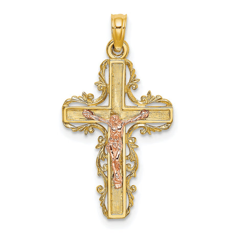10k Multi-Tone Gold Crucifix Cross Pendant, Two-Tone Textured Religious Jewelry