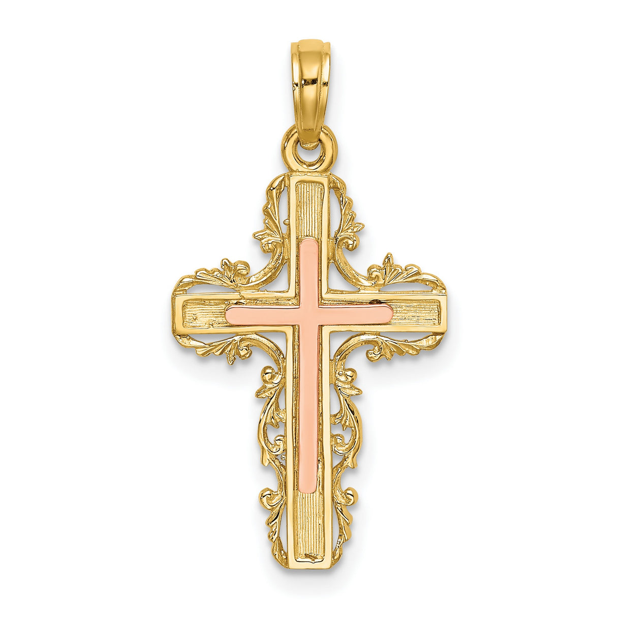 Lace Trim Cross Charm Pendant in Real 10k Multi-Tone Gold