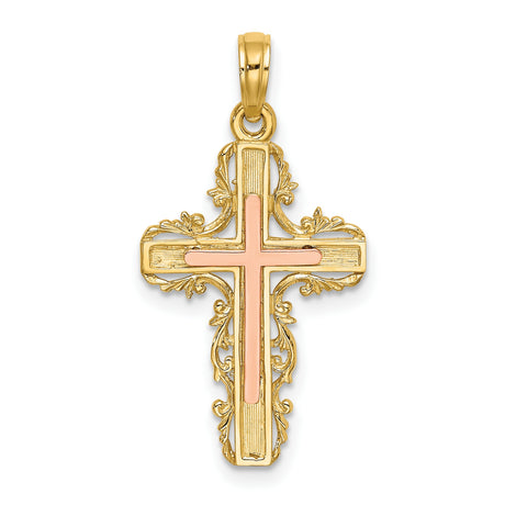 Lace Trim Cross Charm Pendant in Real 10k Multi-Tone Gold