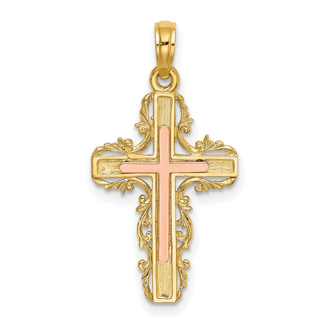 Lace Trim Cross Charm Pendant in Real 10k Multi-Tone Gold