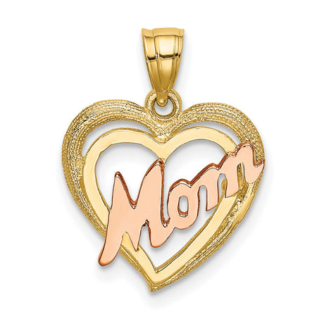 10k Two-Tone Gold Heart Pendant with Rose Gold Script MOM Design