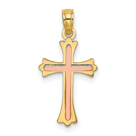 10k Two-Tone Gold Cross Pendant with Ornate Fleur-de-Lis Design for Men and Women