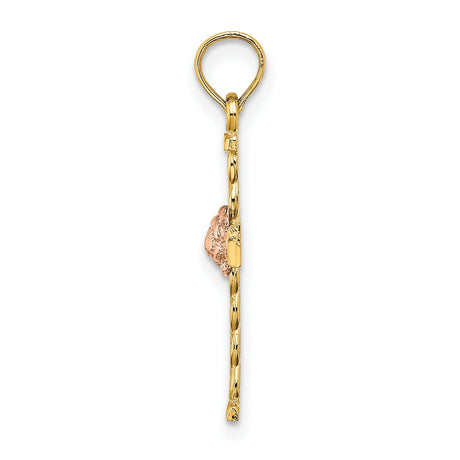 10k Multi-Tone Gold Cross Pendant with Twisted Rope and Floral Detail