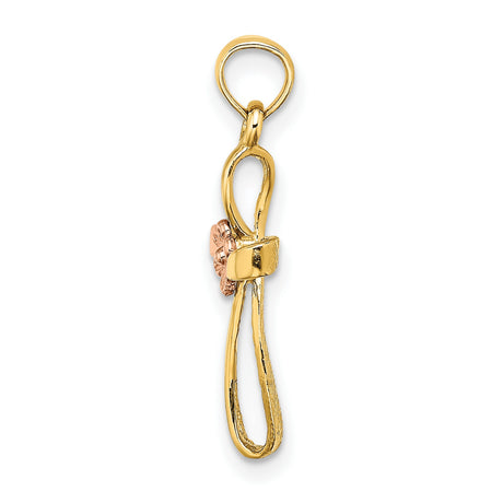 10k Two-Tone Gold Cross Pendant with Twisted Design and Rose Floral Heart Accent