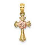 Cross with Small Flower Charm Pendant in Real 10k Multi-Tone Gold