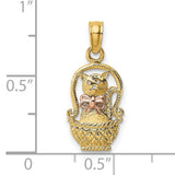 Cat Bow In Basket Charm Pendant in Real 10k Multi-Tone Gold