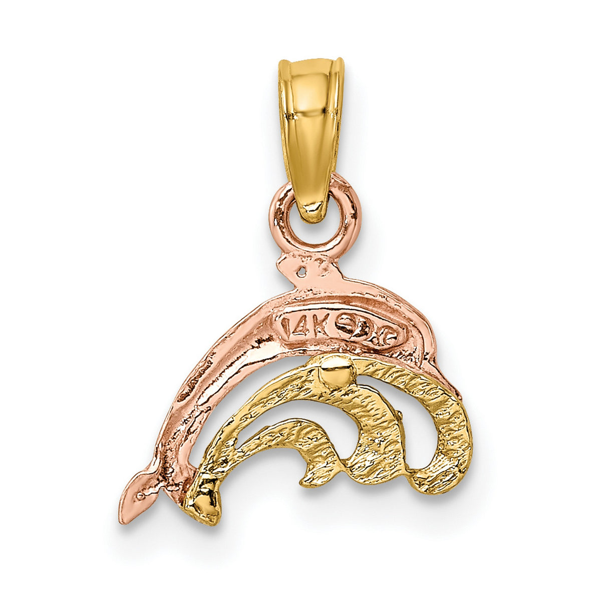 10k Two Tone Gold Dolphin Pendant with Rose Dolphin over Ocean Waves, Nautical Charm for Women or Teens